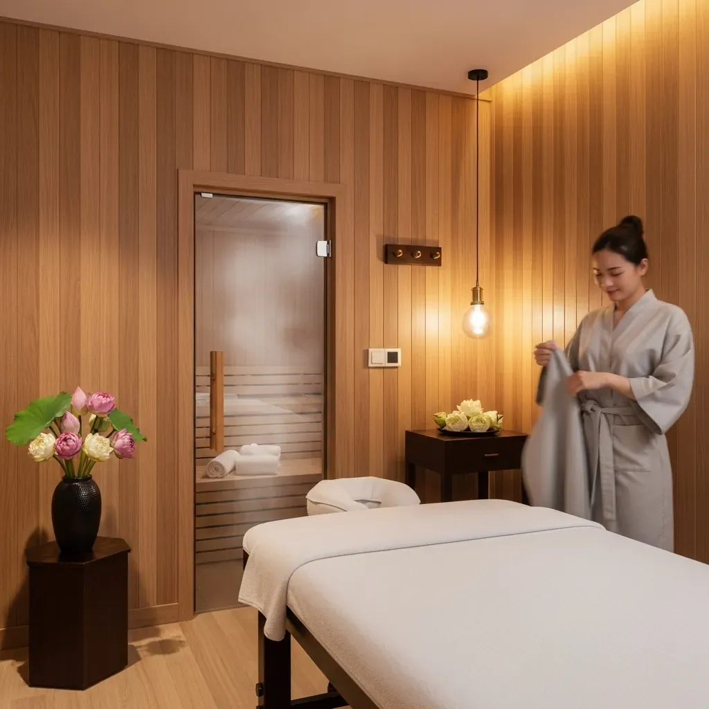 Phòng xông hơi massage với không gian yên tĩnh, sạch sẽ, có phòng xông hơi và bàn massage.