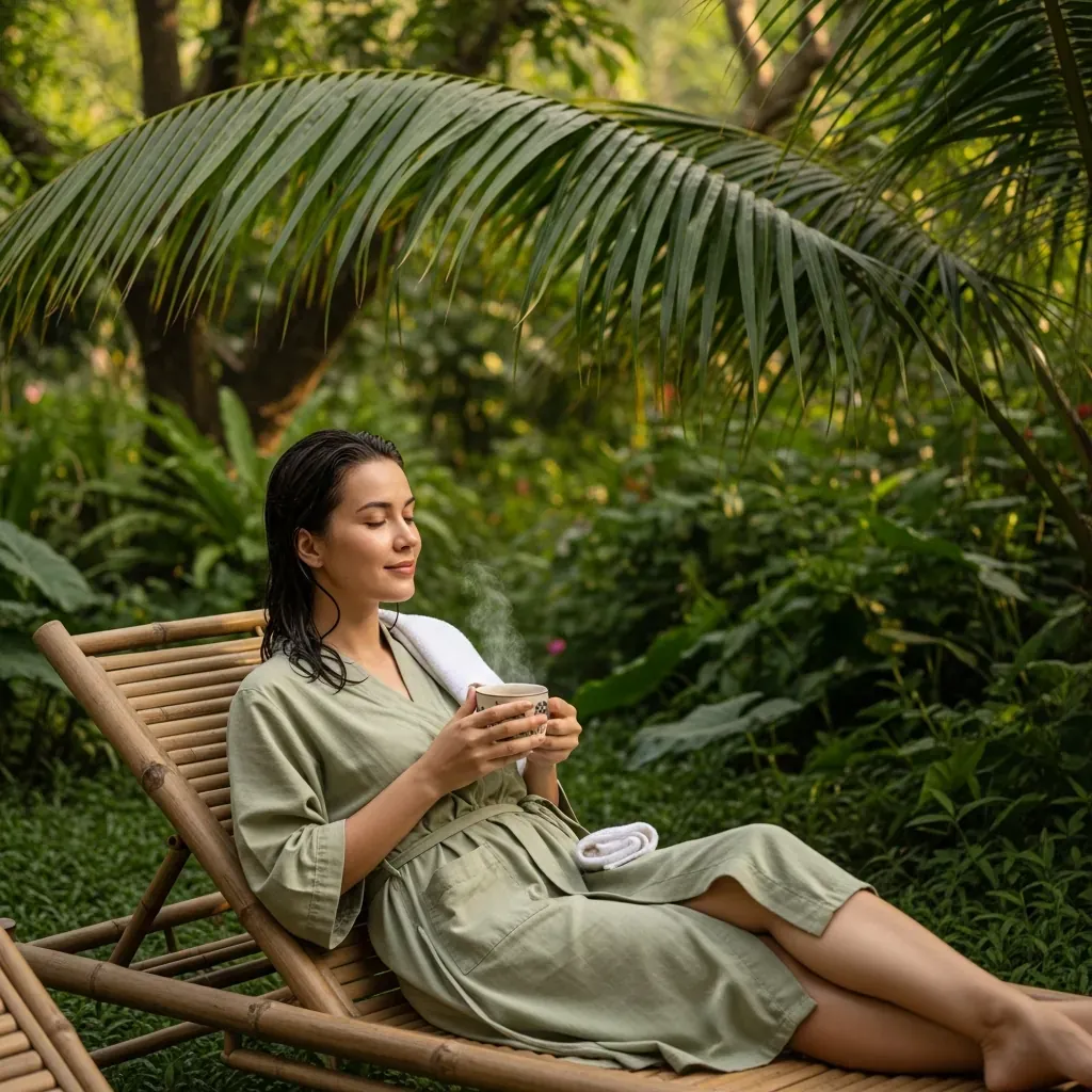 Người phụ nữ ngồi nghỉ uống trà gừng sau khi xông hơi