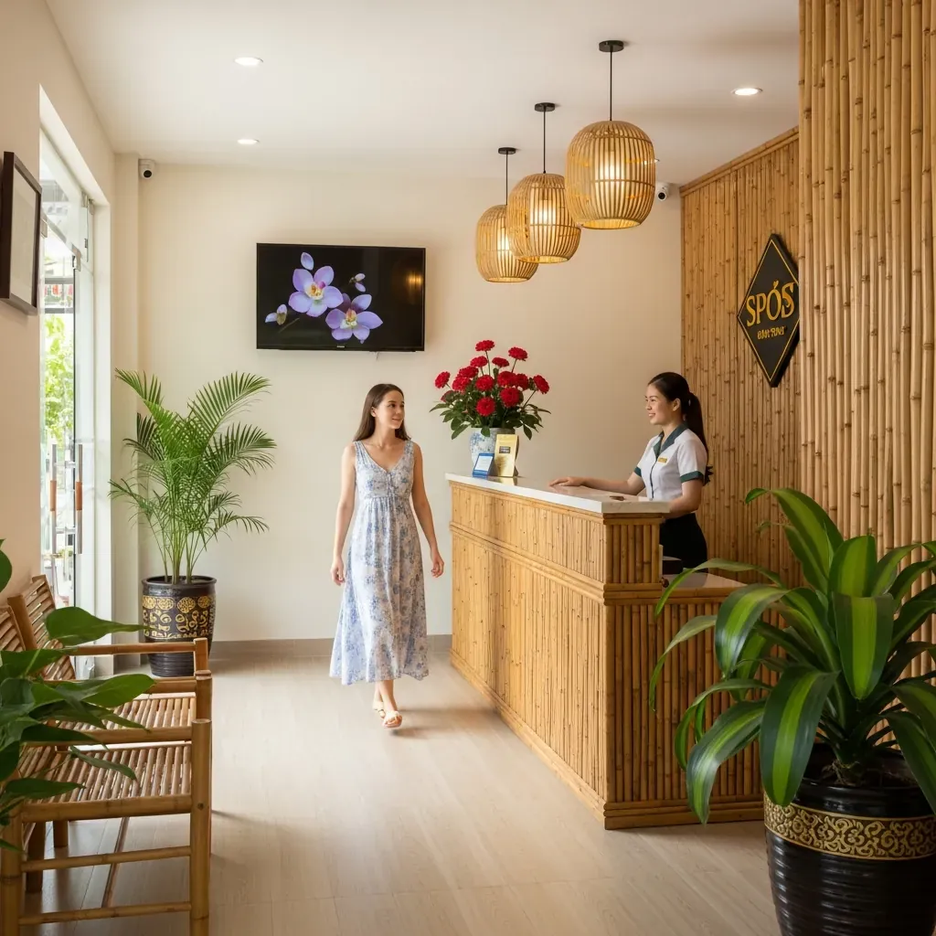 Phụ nữ Việt bước vào sảnh spa an toàn, nhân viên thân thiện