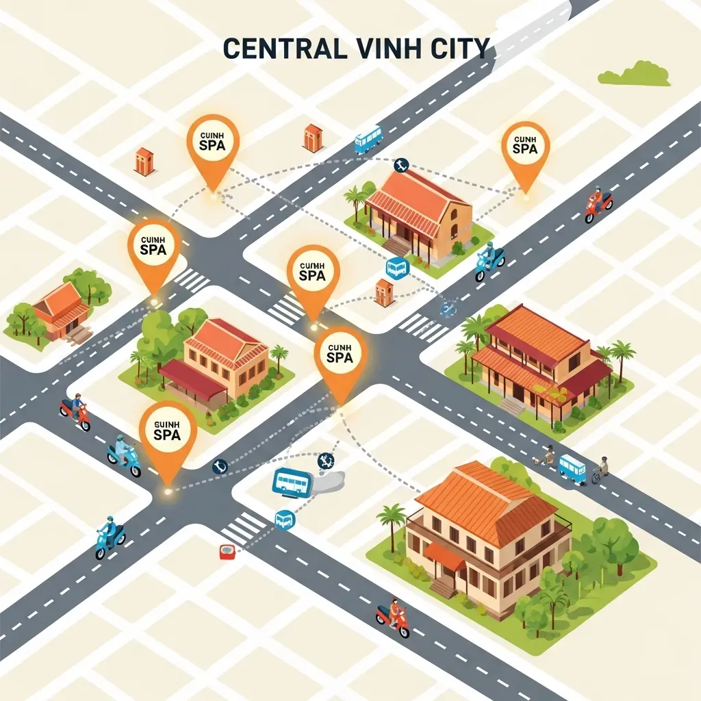 Bản đồ minh họa vị trí cụm spa ở trung tâm TP. Vinh