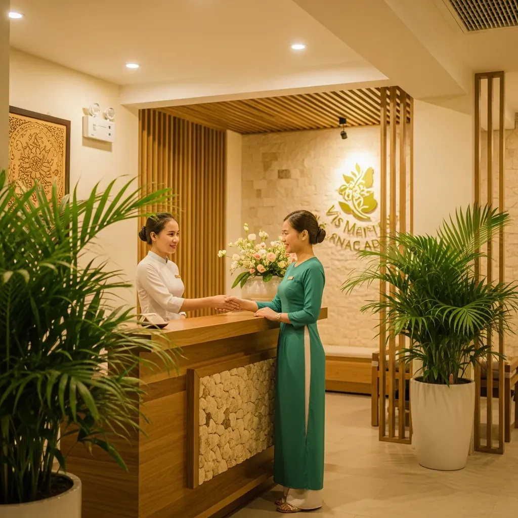 Không gian lễ tân sạch sẽ của một spa xông hơi massage uy tín ở TP. Vinh