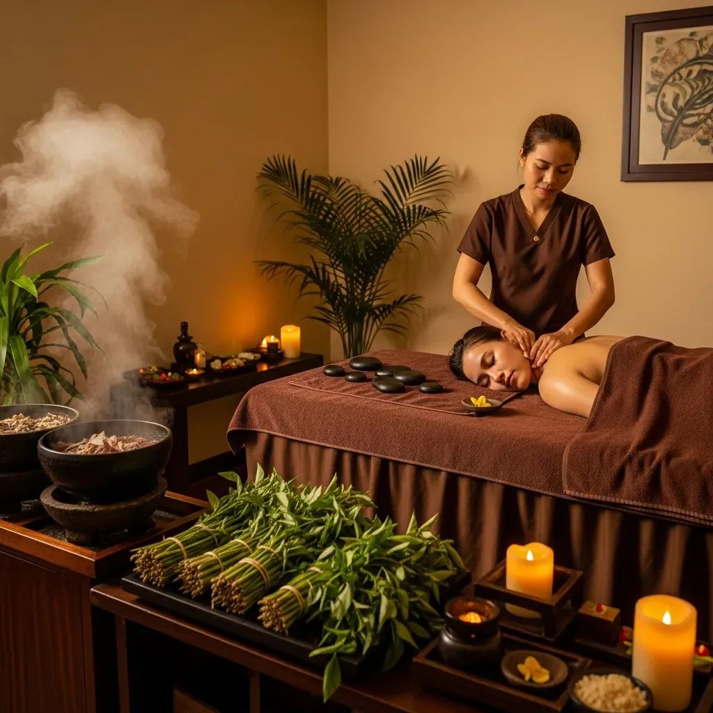 Không gian yên tĩnh với hương thảo mộc tự nhiên và trị liệu đá nóng