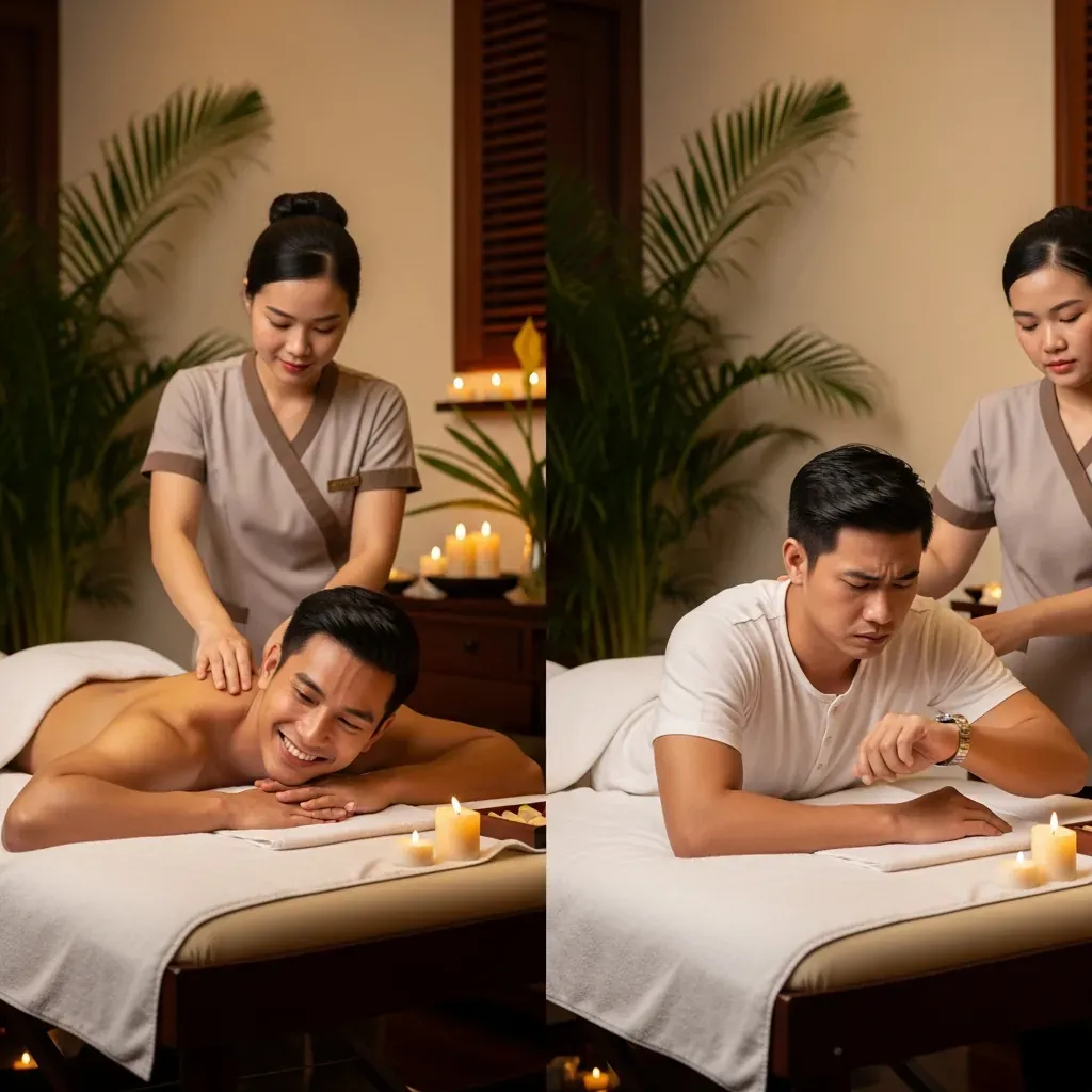 Hai khung cảnh massage đối lập: bên trái là khách hài lòng với KTV tận tâm, bên phải là khách không hài lòng vì kết thúc sớm.