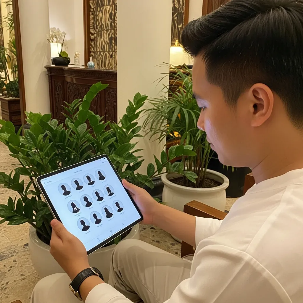 Một người đàn ông Việt Nam đang chọn kỹ thuật viên trên iPad tại quầy lễ tân spa.
