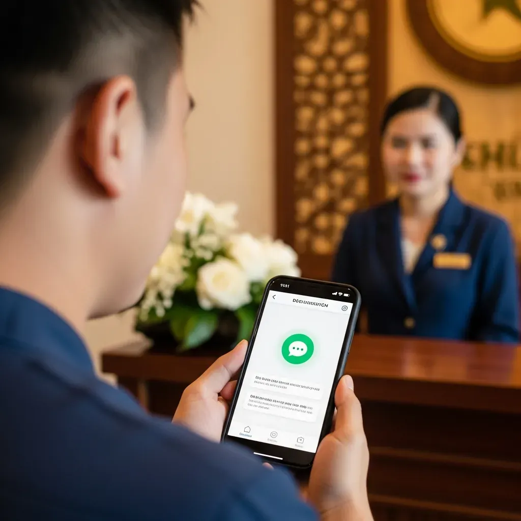Người đàn ông đưa điện thoại cho nhân viên lễ tân xem xác nhận khuyến mãi.