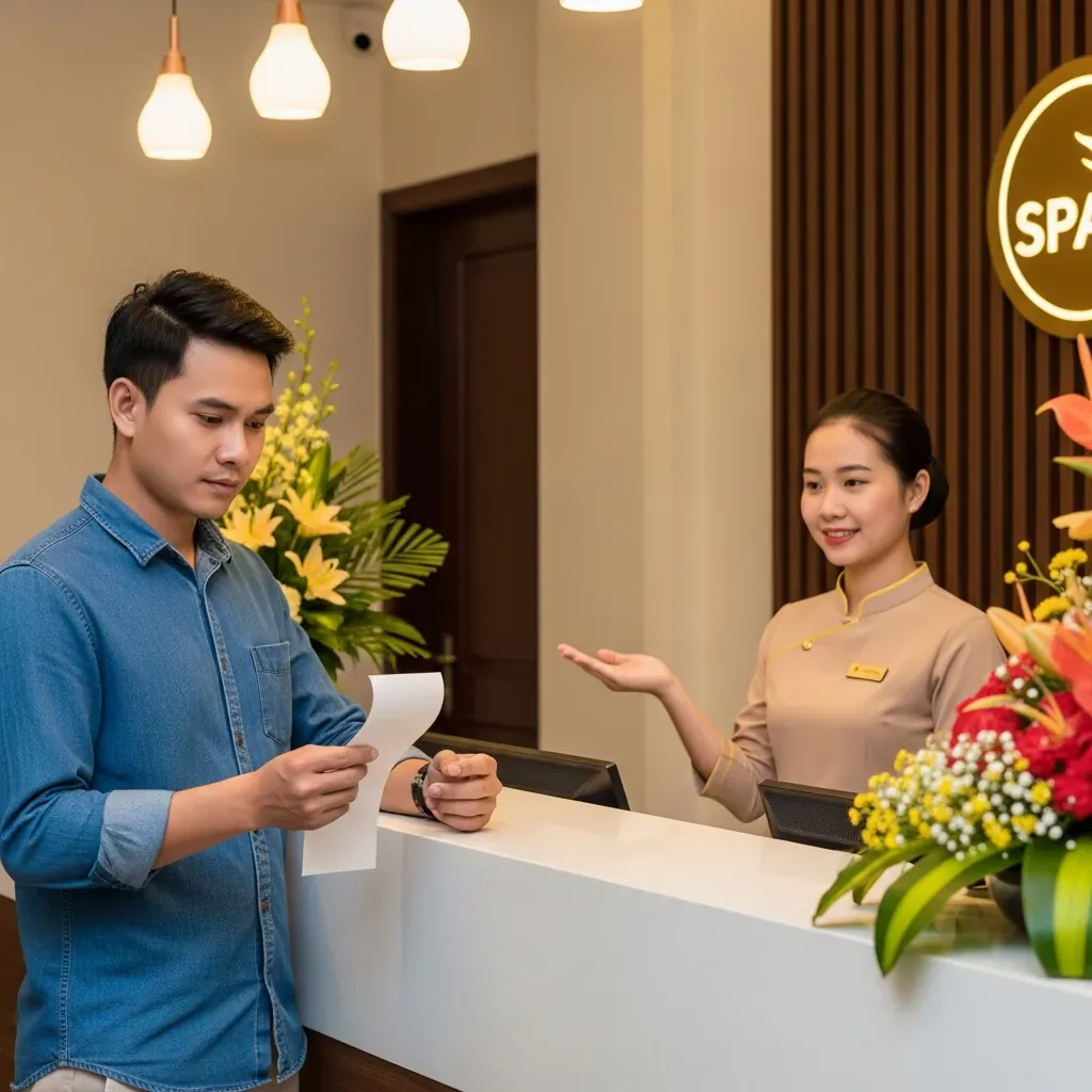 Người đàn ông Việt Nam đang kiểm tra hóa đơn tại quầy lễ tân spa.