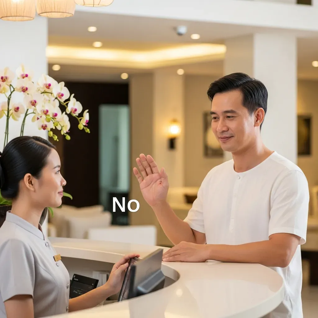 Người đàn ông Việt Nam từ chối dịch vụ phụ thu một cách lịch sự tại quầy lễ tân.
