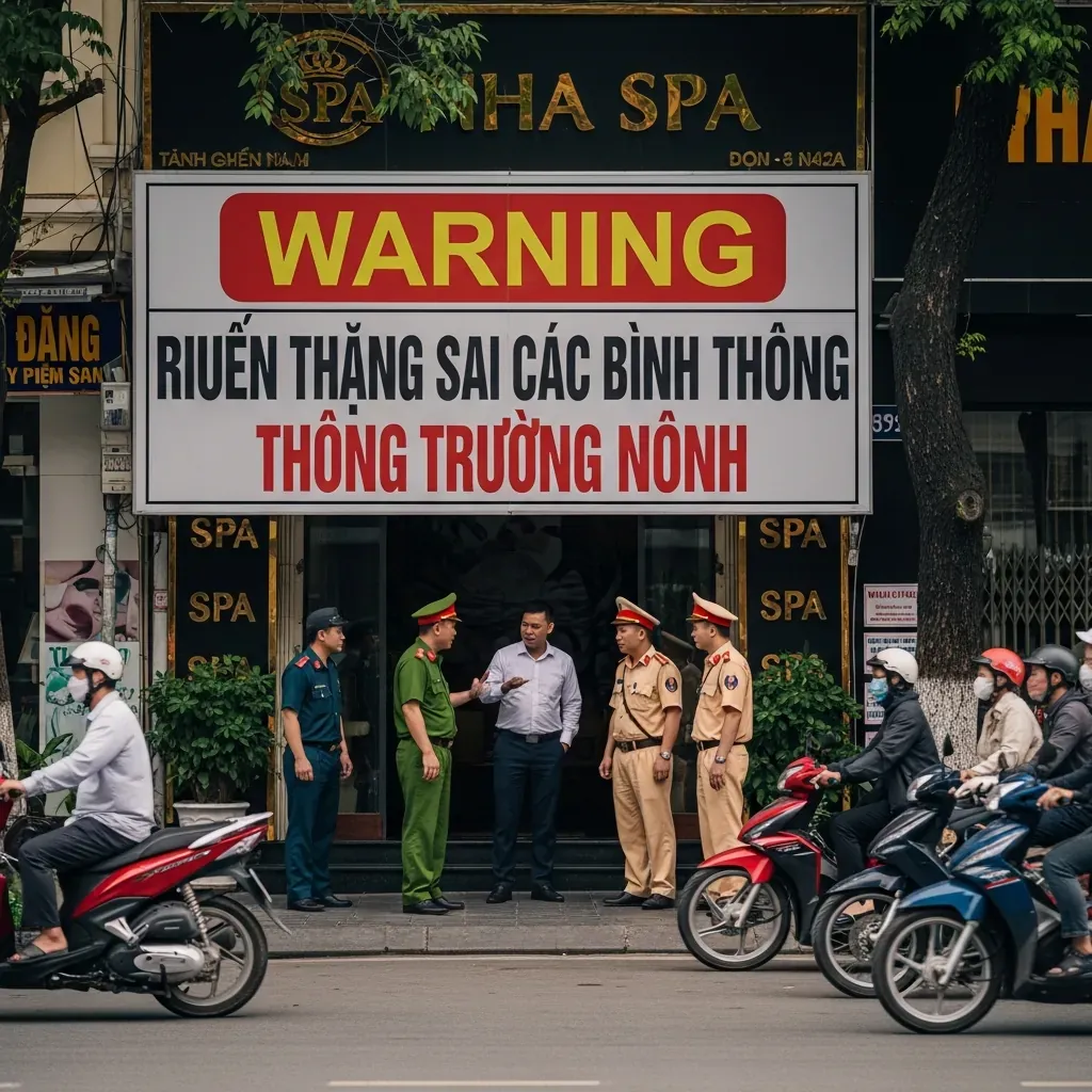 Cảnh công an kiểm tra một cơ sở spa có biển cảnh báo che tên cửa hàng, đường phố Hà Nội
