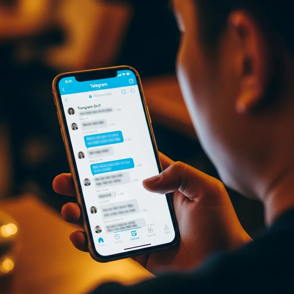 Điện thoại hiển thị nhóm Telegram massage với tin nhắn và ảnh đại diện mờ ảo