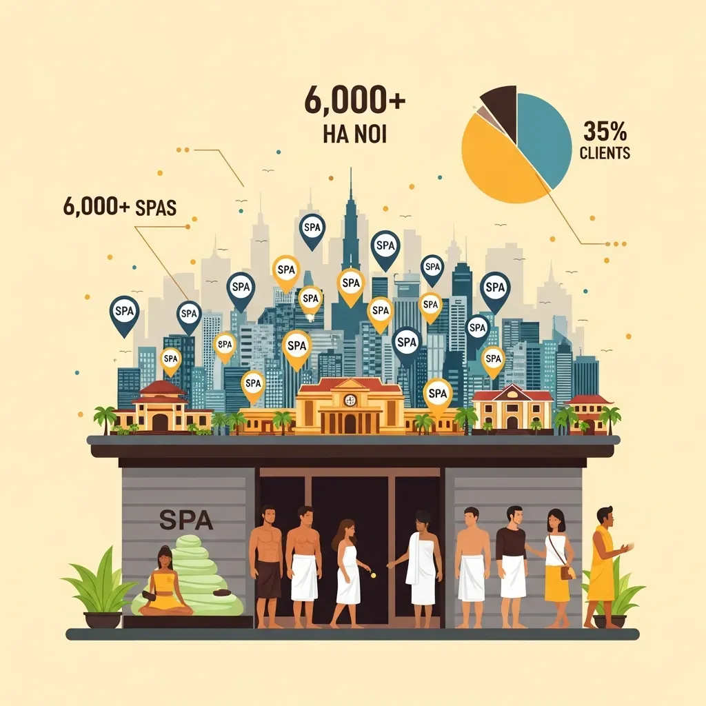 Infographic minh họa bối cảnh thị trường massage Hà Nội với biểu tượng các spa và tỉ lệ khách nam 35%