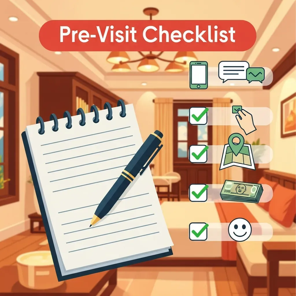 Minh họa checklist trước khi đến spa với các biểu tượng điện thoại, bản đồ, tiền mặt và nụ cười