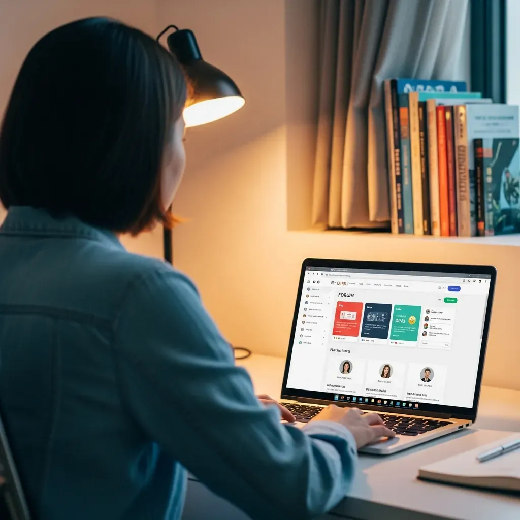 Người phụ nữ Việt đang duyệt diễn đàn massage Hà Nội trên laptop, góc nhìn qua vai