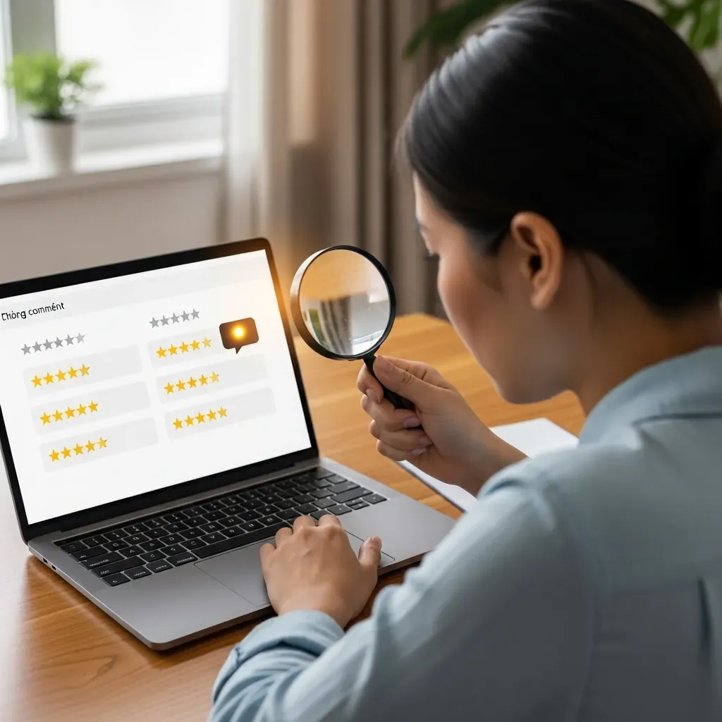 Người phụ nữ Việt dùng kính lúp soi review ảo trên màn hình laptop
