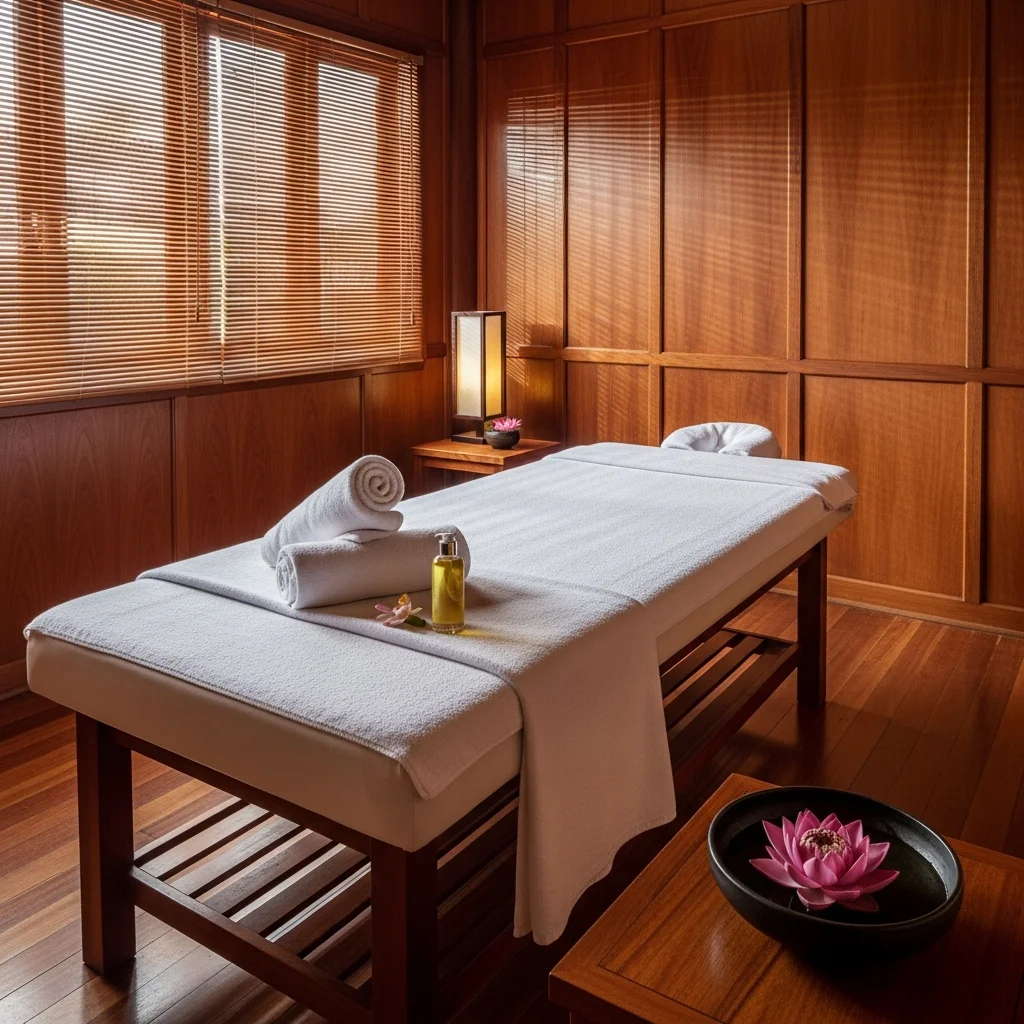 Phòng massage trị liệu ấm áp, bàn massage trắng với khăn cuộn và dầu, không gian spa Việt Nam thư giãn