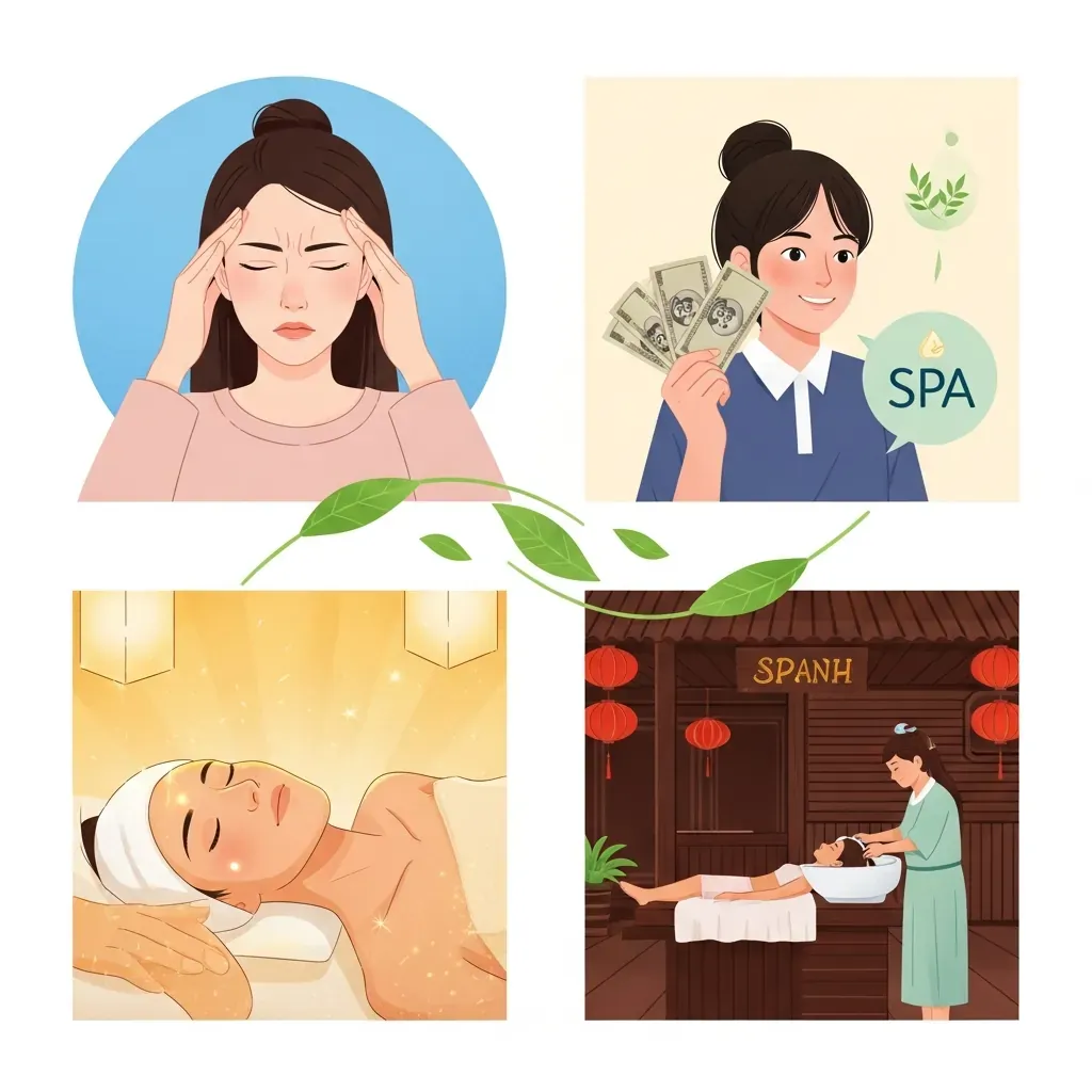 Bốn hồ sơ người dùng: đau đầu, ngân sách thấp, VIP, truyền thống – ghép nối với loại hình spa phù hợp.