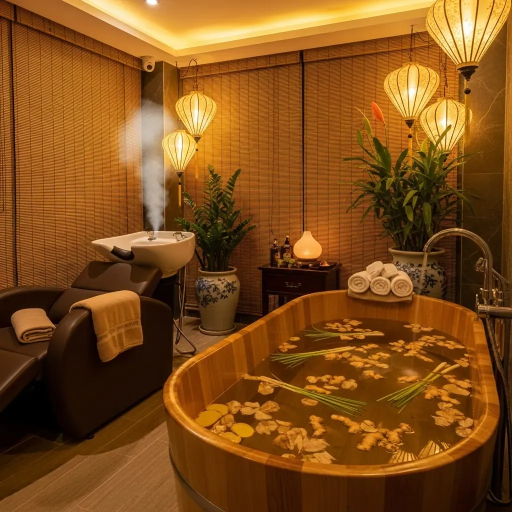 Không gian spa dưỡng sinh với bồn tắm thảo dược, đèn lồng và ghế gội êm ái.