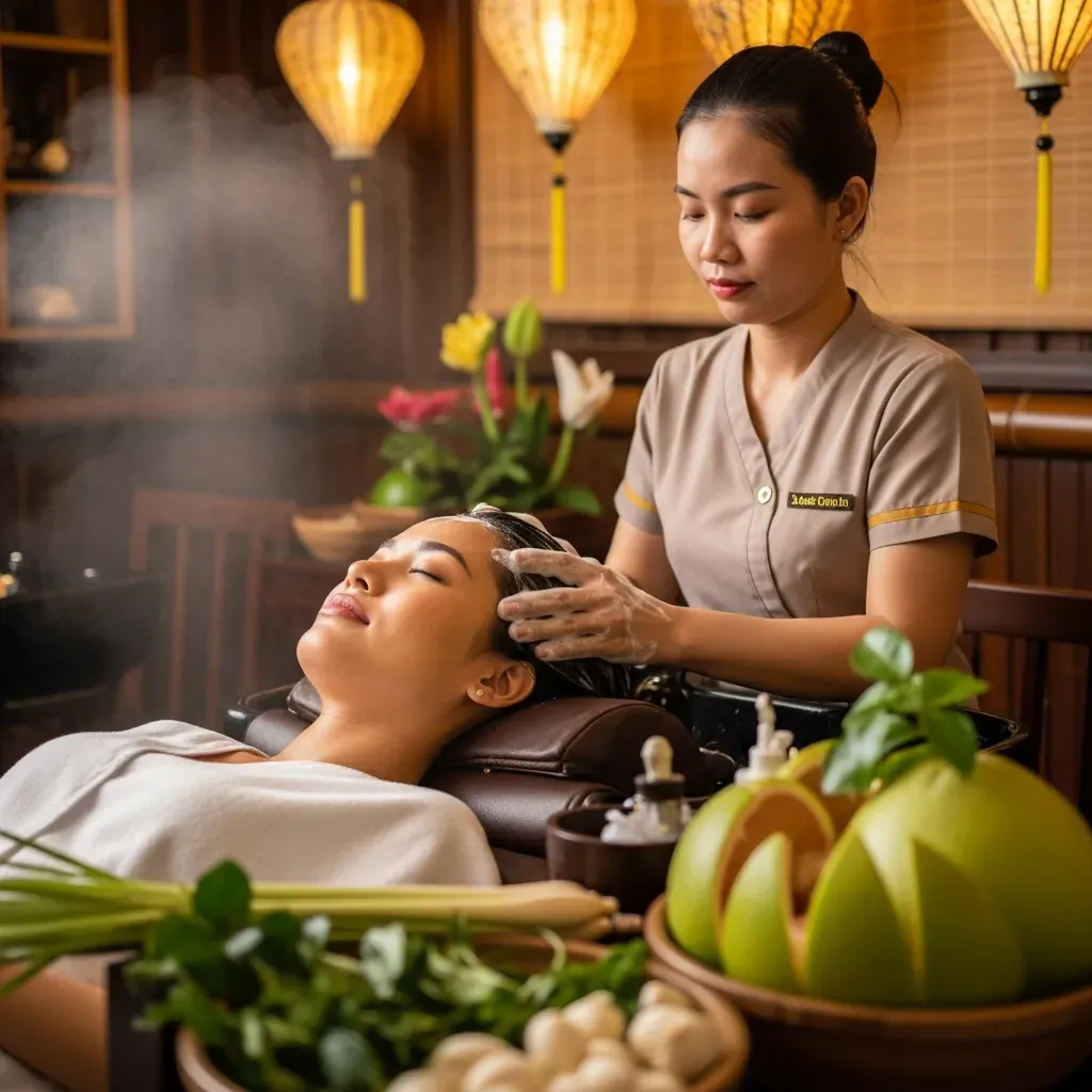 Người phụ nữ Việt Nam đang được gội đầu dưỡng sinh với thảo dược thư giãn tại spa Vũng Tàu.