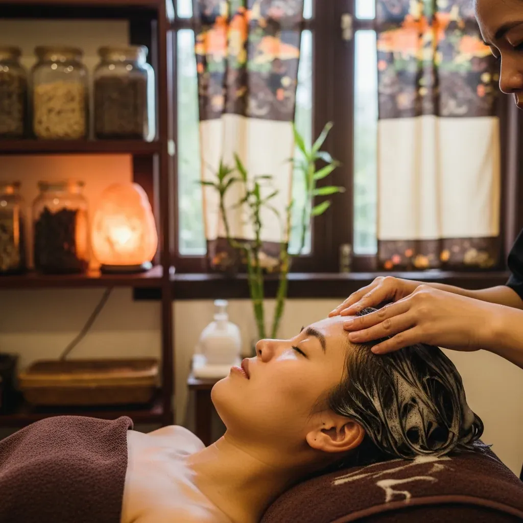 Trải nghiệm thực tế tại Mơ Màng Healing Spa: khách được massage đầu với thảo dược thư giãn.