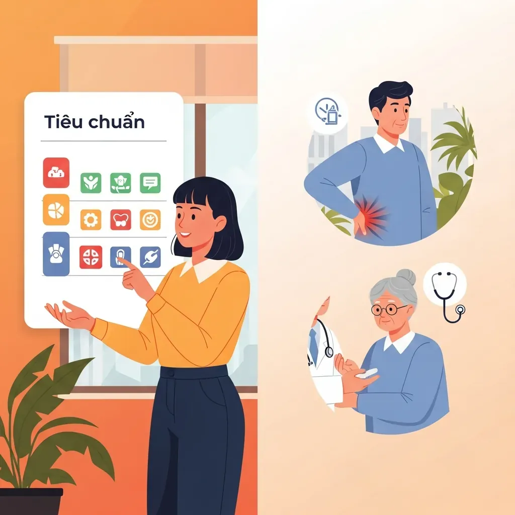 Hình minh họa ba nhóm khách hàng khác nhau (nhân viên văn phòng, người đau lưng mạn tính, người cần can thiệp y tế) với các biểu tượng gói dịch vụ tương ứng, nền đô thị Hà Nội.