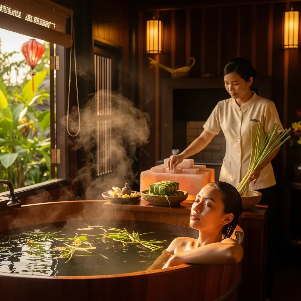 Khách hàng người Việt Nam đang ngâm mình trong bồn gỗ thảo dược, hơi nước bốc lên, không gian spa y học cổ truyền ấm cúng, cây xanh nhiệt đới bên ngoài cửa sổ.