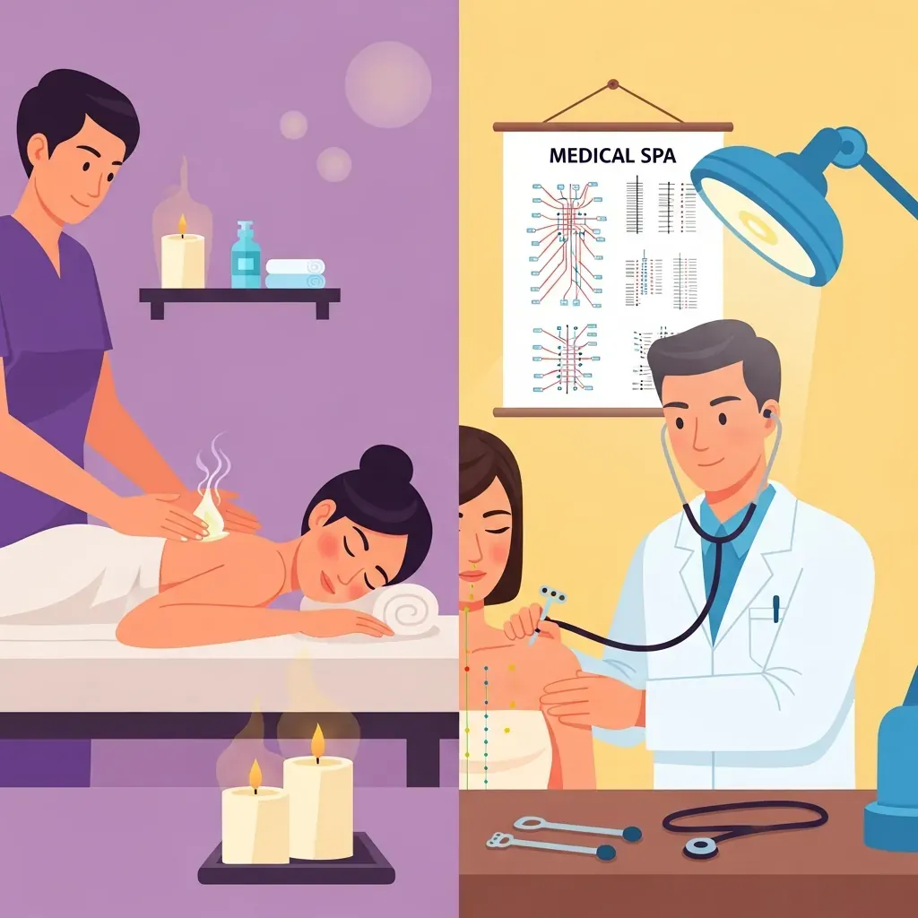 So sánh minh họa giữa spa thư giãn thông thường (bên trái) và phòng khám Đông y Hương Sen Healthcare (bên phải) với bác sĩ trực tiếp thăm khám và biểu đồ huyệt đạo.
