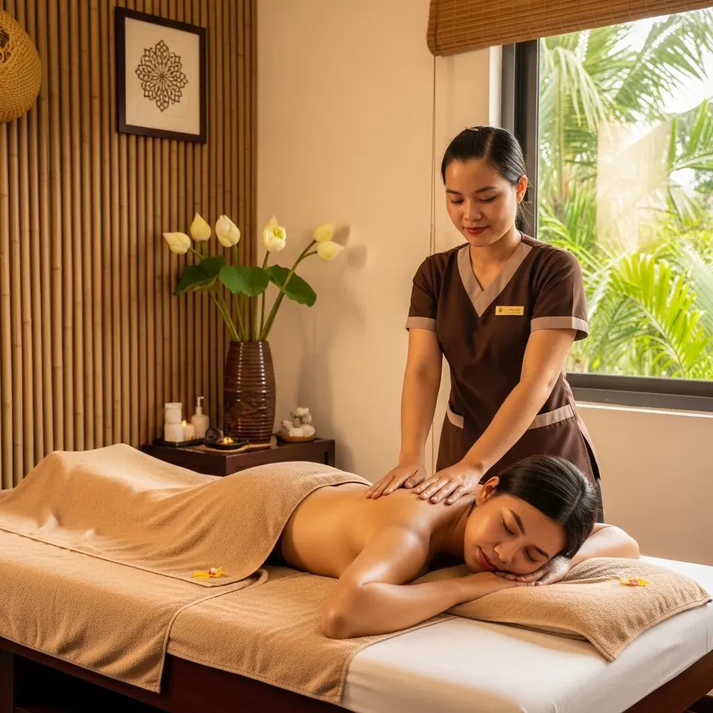 Nữ kỹ thuật viên Việt Nam trong trang phục áo dài cách tân đang massage vai cho khách trong phòng spa sáng sủa, có hoa sen và cây xanh.