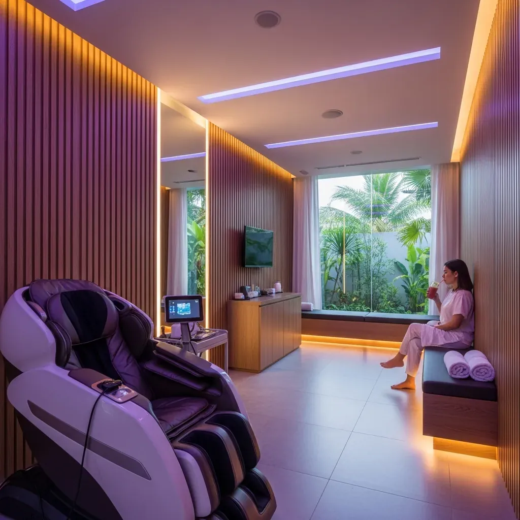 Không gian massage hiện đại, công nghệ cao, với ghế massage thông minh và ánh sáng tinh tế.
