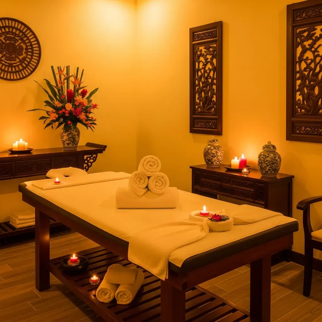 Không gian phòng massage yên tĩnh với bàn massage gỗ, khăn trắng, nến và hoa nhiệt đới.