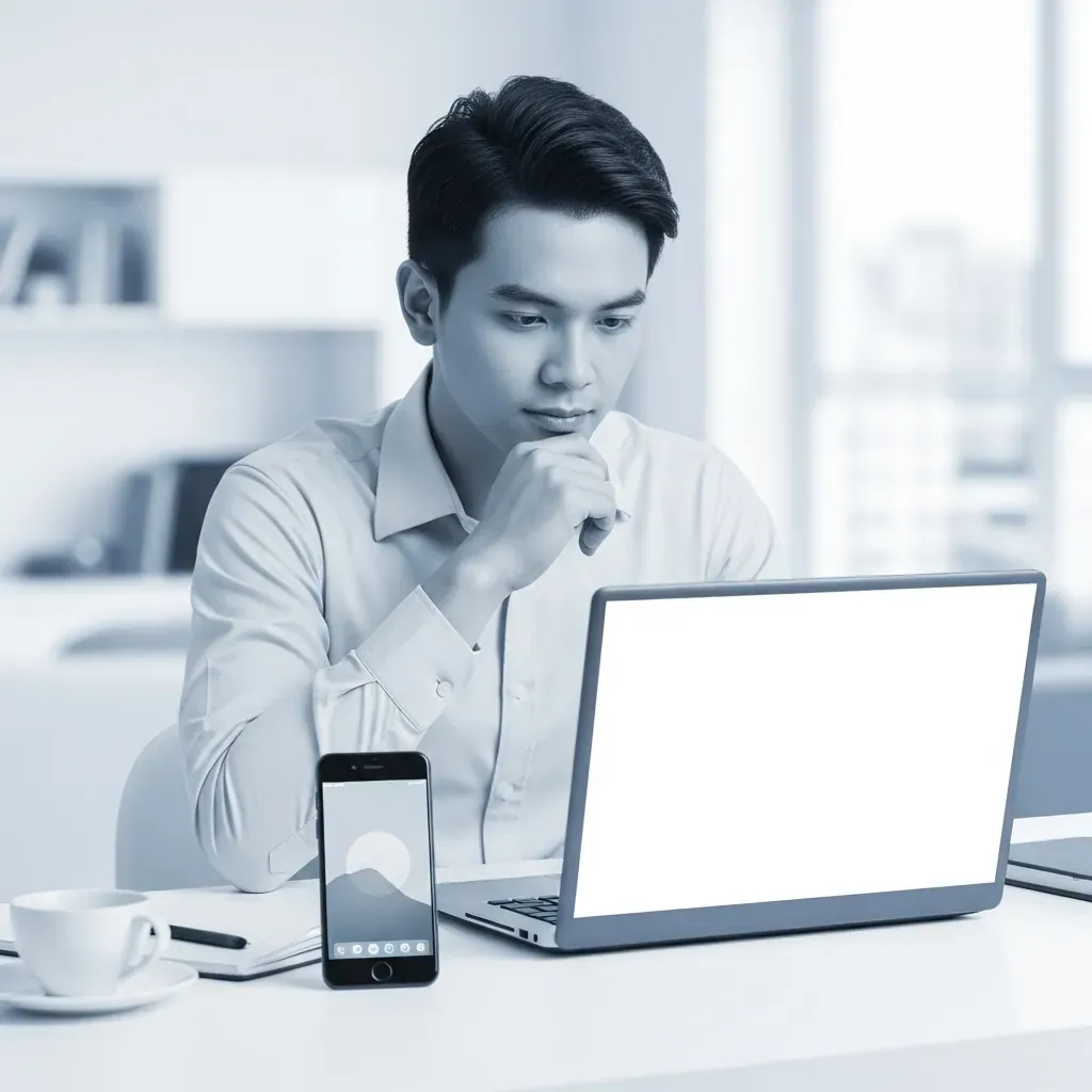 Người đàn ông Việt Nam đang ngồi làm việc, kiểm tra đánh giá trên máy tính và điện thoại.