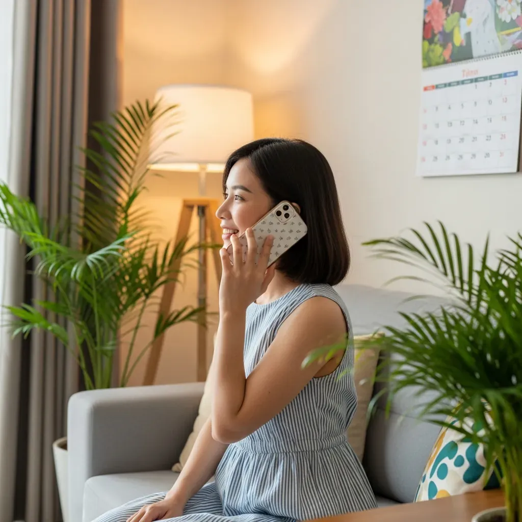 Người phụ nữ Việt Nam đang ngồi trên ghế sofa gọi điện đặt lịch massage, phòng khách ấm áp.