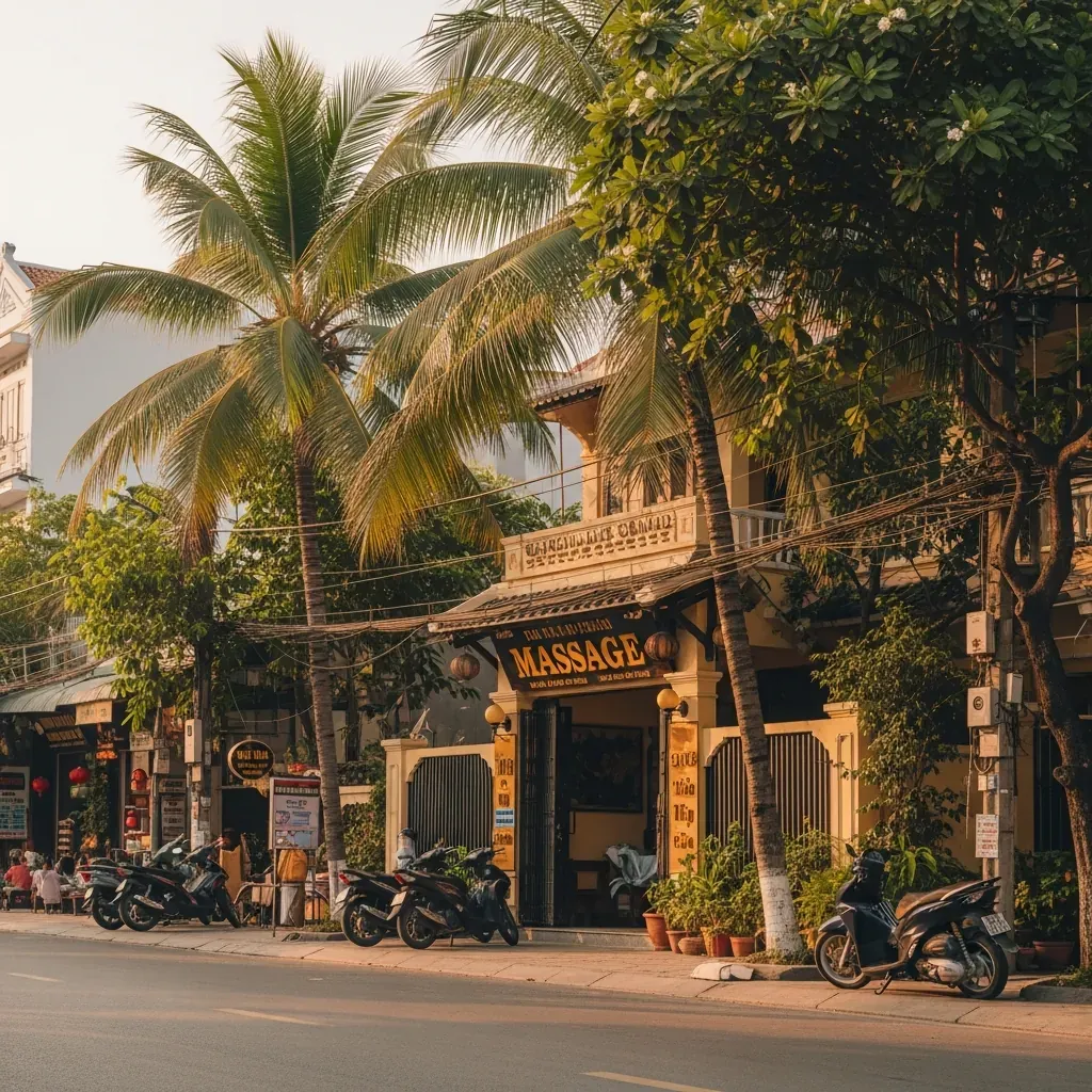 Phố Bãi Cháy sầm uất với một cơ sở massage truyền thống, cây xanh và xe máy.