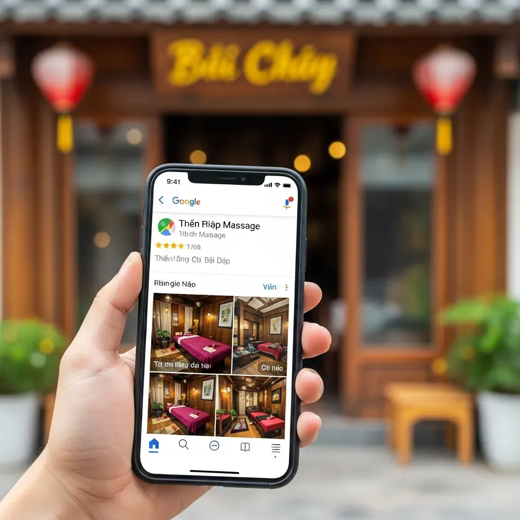 Cận cảnh màn hình điện thoại hiển thị đánh giá Google Maps của một tiệm massage.