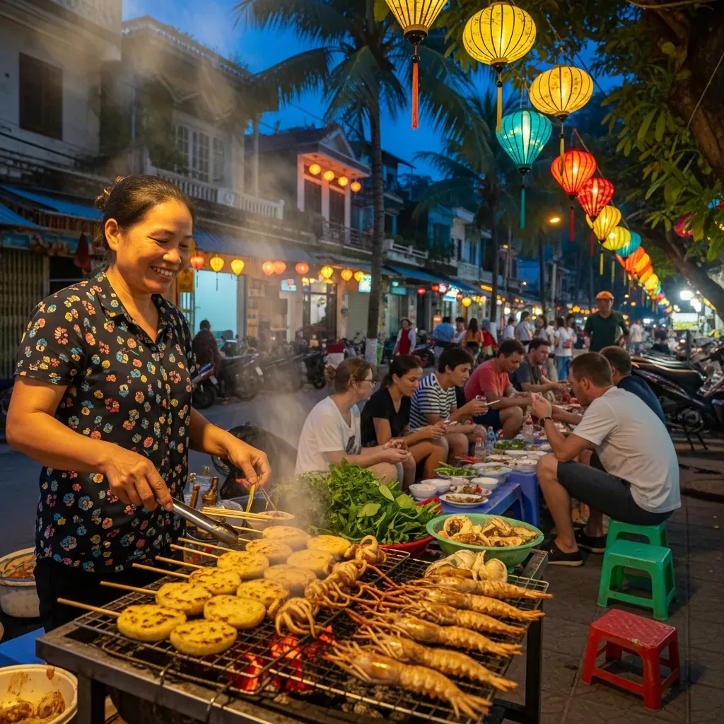 Cảnh đường phố Bãi Cháy với quầy hàng rong bán chả mực và sò điệp nướng thơm lừng.