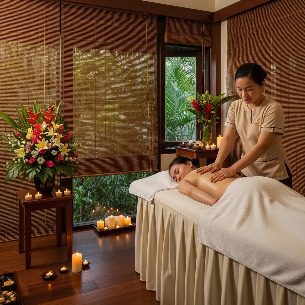 Không gian phòng massage ấm cúng tại Hải Trang, kỹ thuật viên đang xoa bóp lưng cho khách.