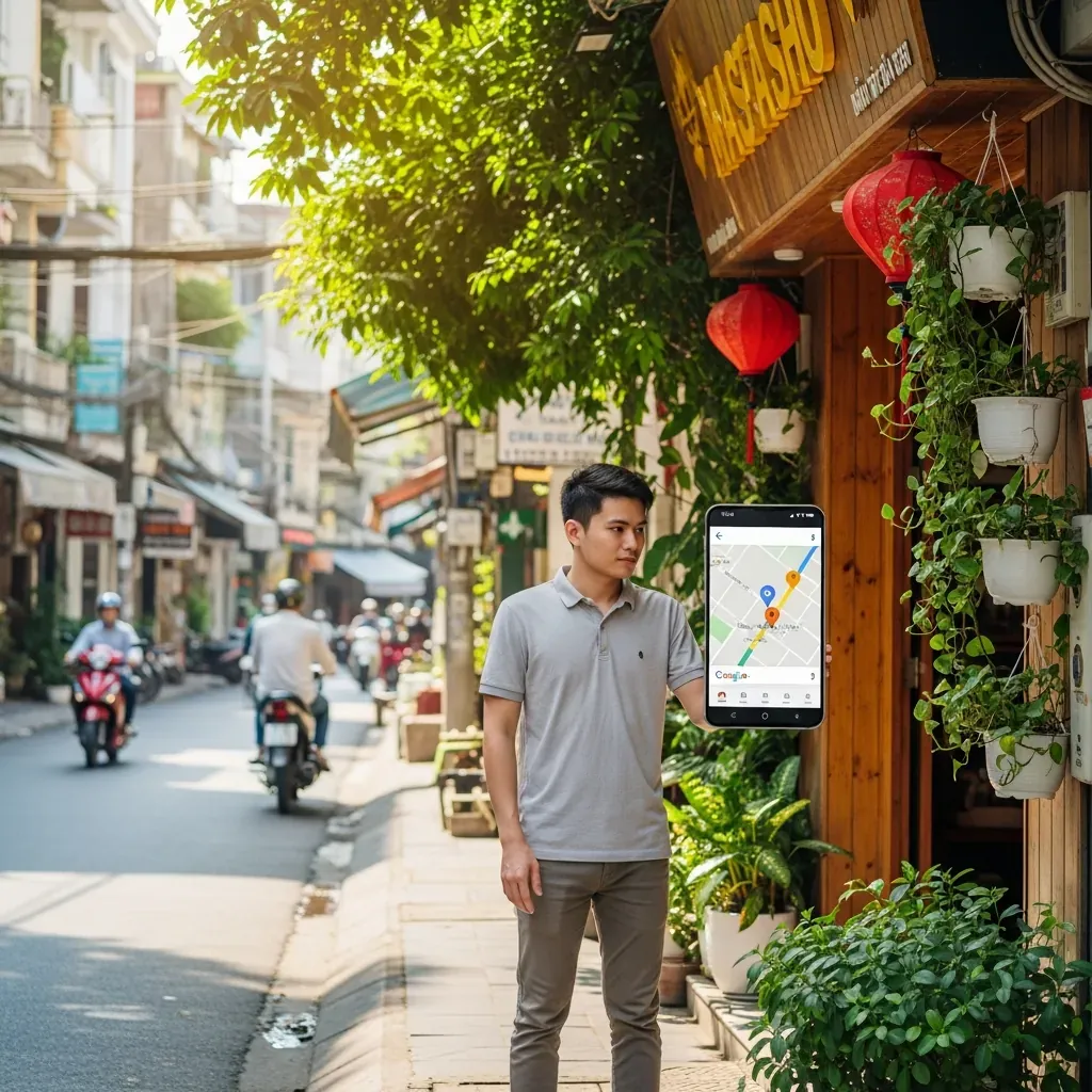Nam du khách đứng trước tiệm massage, đối chiếu địa chỉ trên điện thoại.