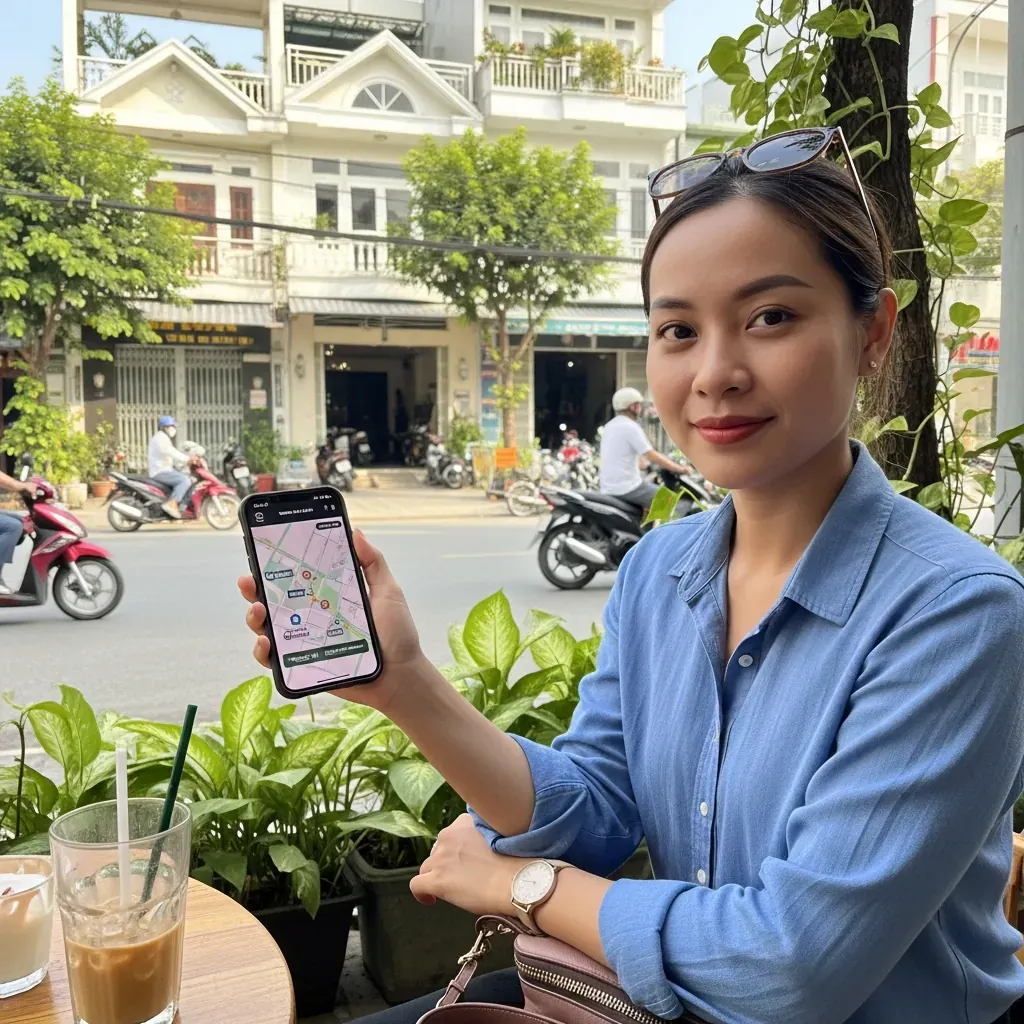 Nữ du khách ngồi quán cà phê vỉa hè, tra cứu phương án massage dự phòng trên điện thoại.