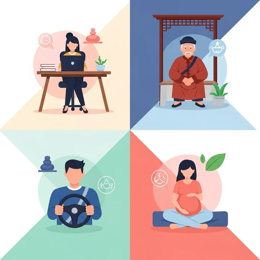 Bốn khung tranh minh họa các đối tượng người dùng khác nhau: dân văn phòng, trung niên, tài xế, bà bầu