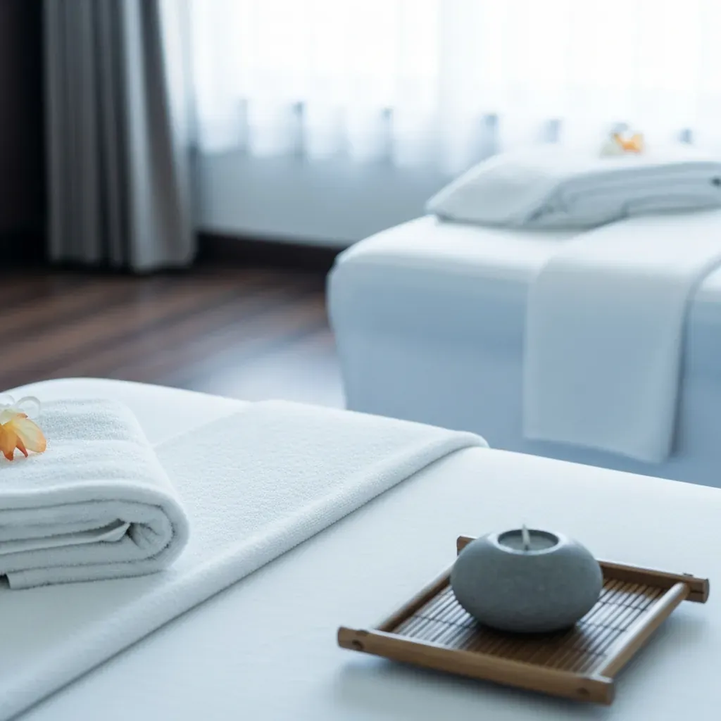 Cận cảnh giường massage sạch sẽ với ga trắng tinh, khăn gấp gọn, nến đá và sàn gỗ bóng loáng
