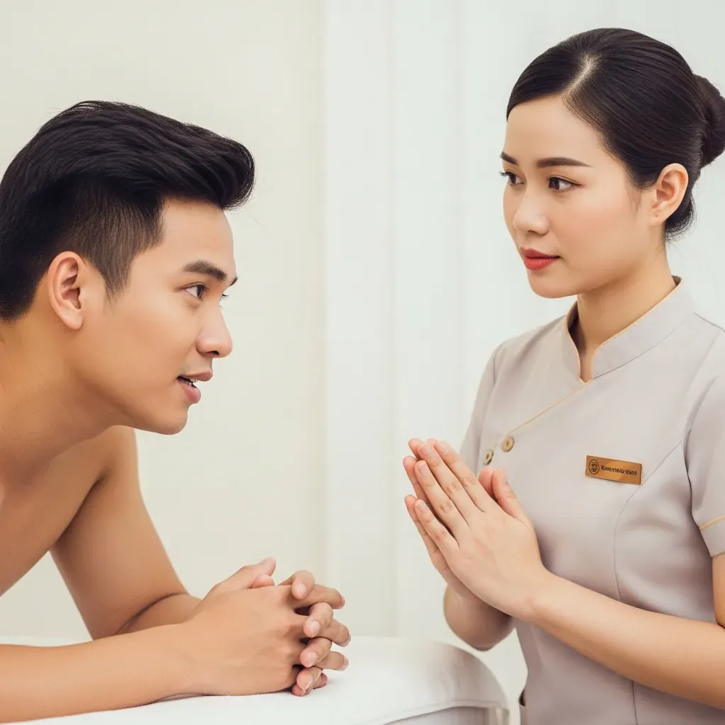 Khách hàng nam quay đầu trao đổi với kỹ thuật viên nữ đang lắng nghe, không gian phòng sáng sủa