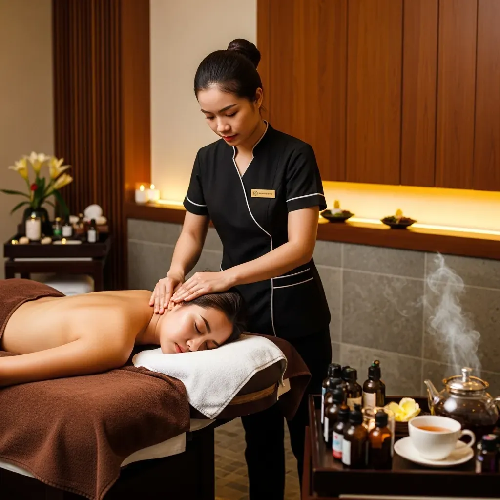 Kỹ thuật viên nữ đang massage vùng cổ vai gáy cho khách hàng, phòng trị liệu sang trọng