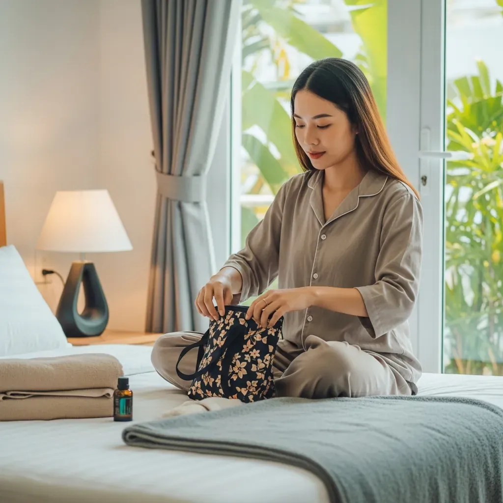 Một phụ nữ Việt Nam trẻ đang chuẩn bị đồ cho buổi massage, không gian phòng ngủ sáng sủa, ấm cúng