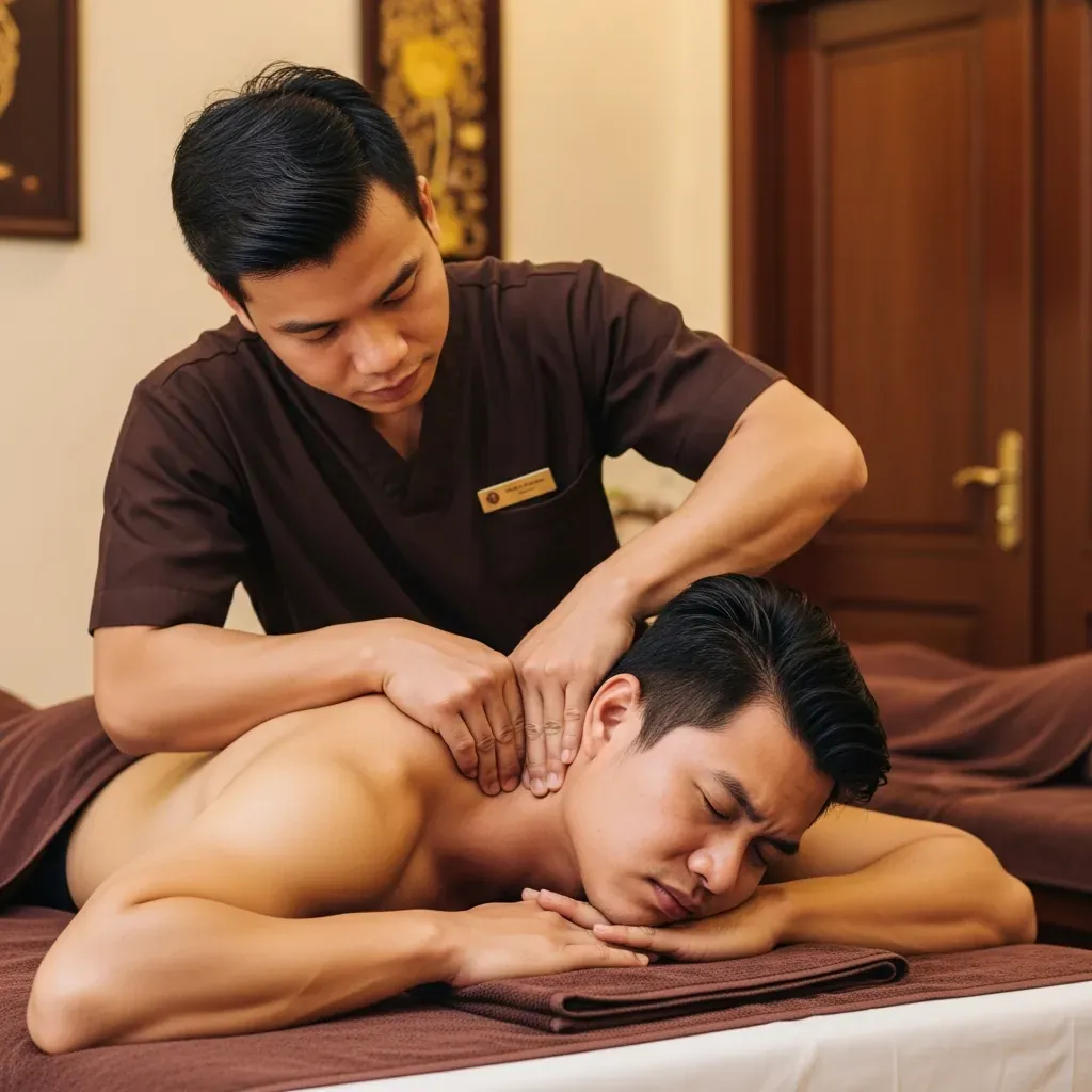 Người đàn ông nằm trên bàn massage, kỹ thuật viên ấn mạnh vùng cổ, biểu cảm có chút khó chịu