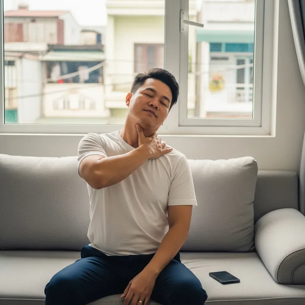 Người đàn ông ngồi trên ghế sofa tự xoa bóp cổ vai, điện thoại để bên cạnh