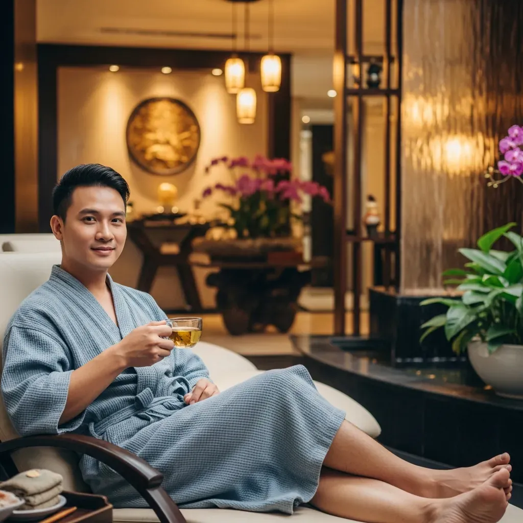 Người đàn ông Việt Nam mặc áo choàng spa, ngồi thư giãn với tách trà thảo mộc, không gian sang trọng