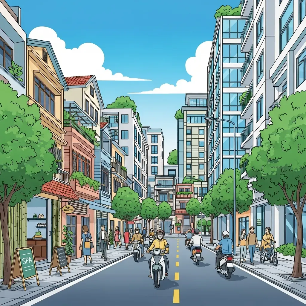 Phố phường Hải Phòng sôi động với sự pha trộn giữa nhà ống truyền thống và chung cư hiện đại, có một spa nhỏ ở góc