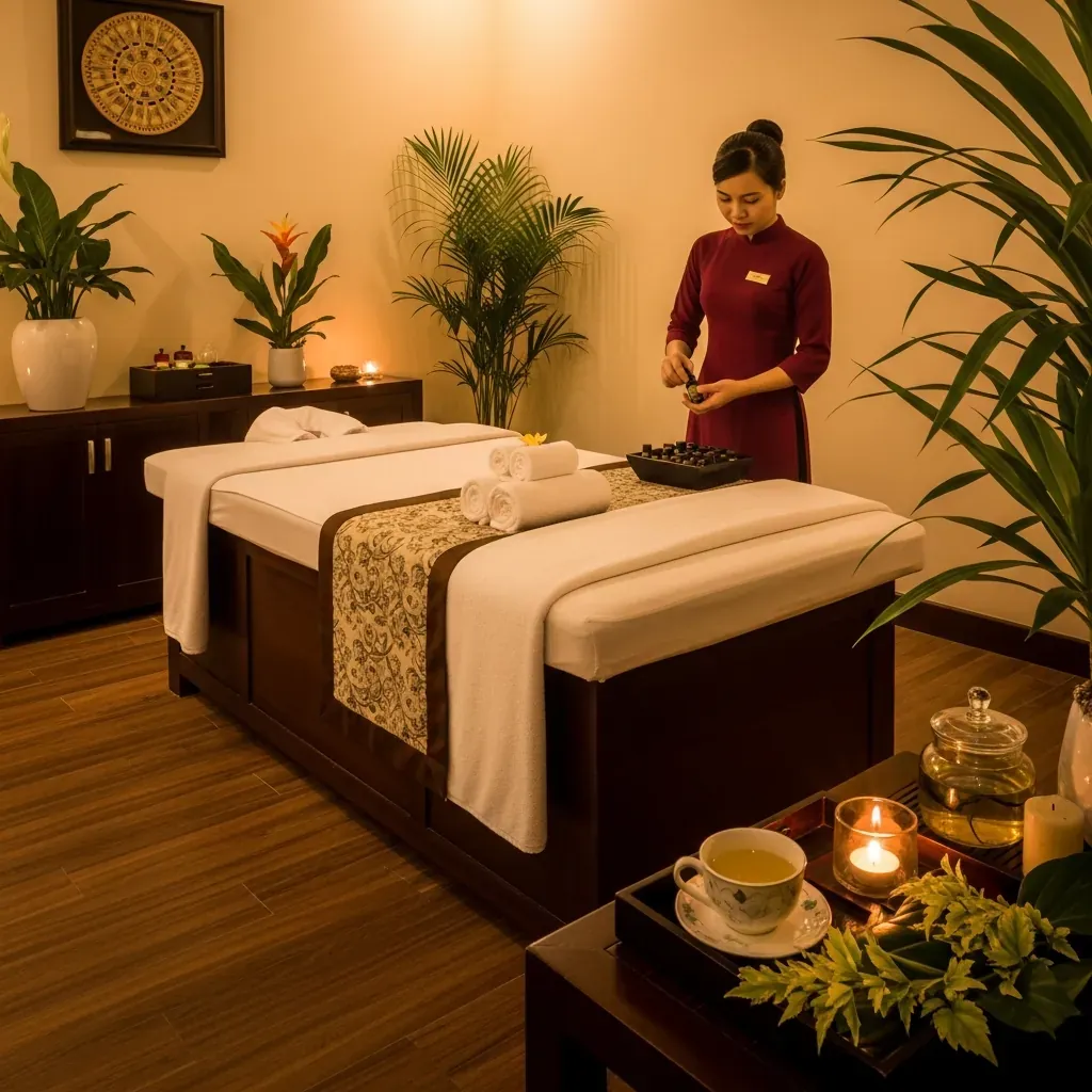 Phòng trị liệu sang trọng với giường massage sạch sẽ, khăn trắng tinh, trà thảo mộc và cây xanh