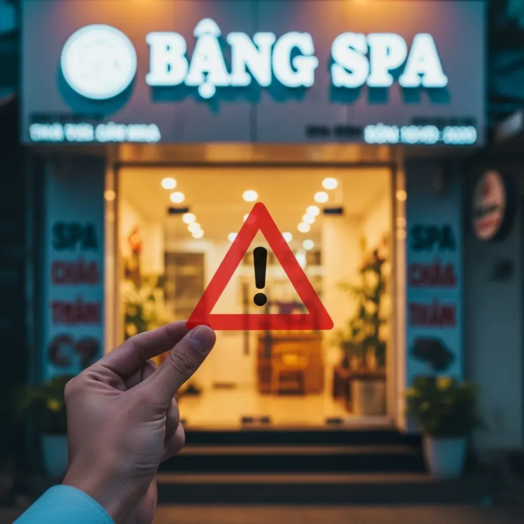 Bàn tay người Việt cầm biểu tượng tam giác cảnh báo trước cửa hàng spa.