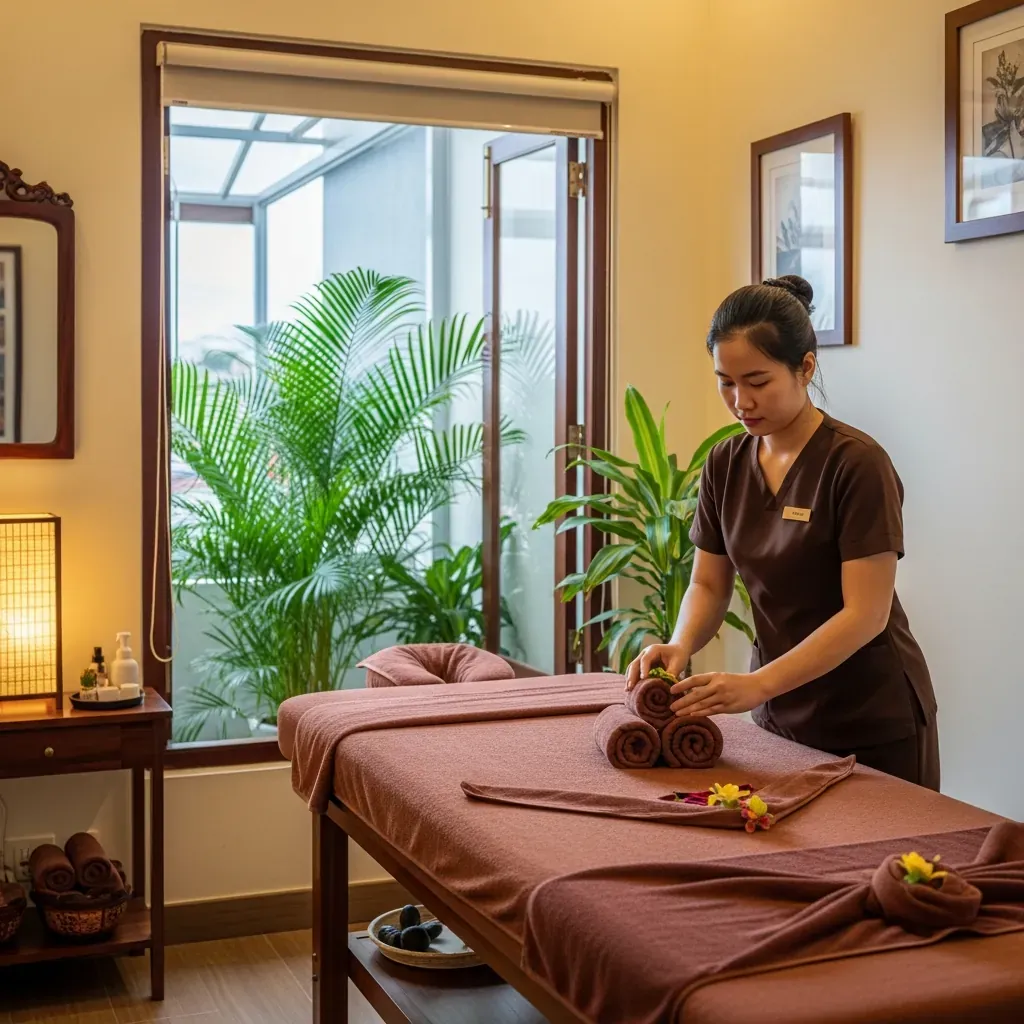 Bên trong một spa massage sạch sẽ tại Đà Lạt với nhân viên người Việt đang chuẩn bị.