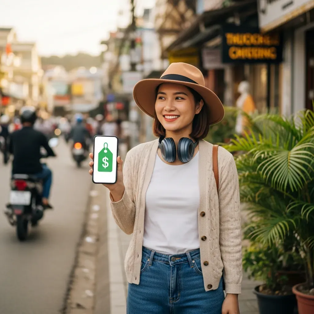 Cô gái Việt Nam cầm điện thoại có biểu tượng giá tiền trên phố Đà Lạt.