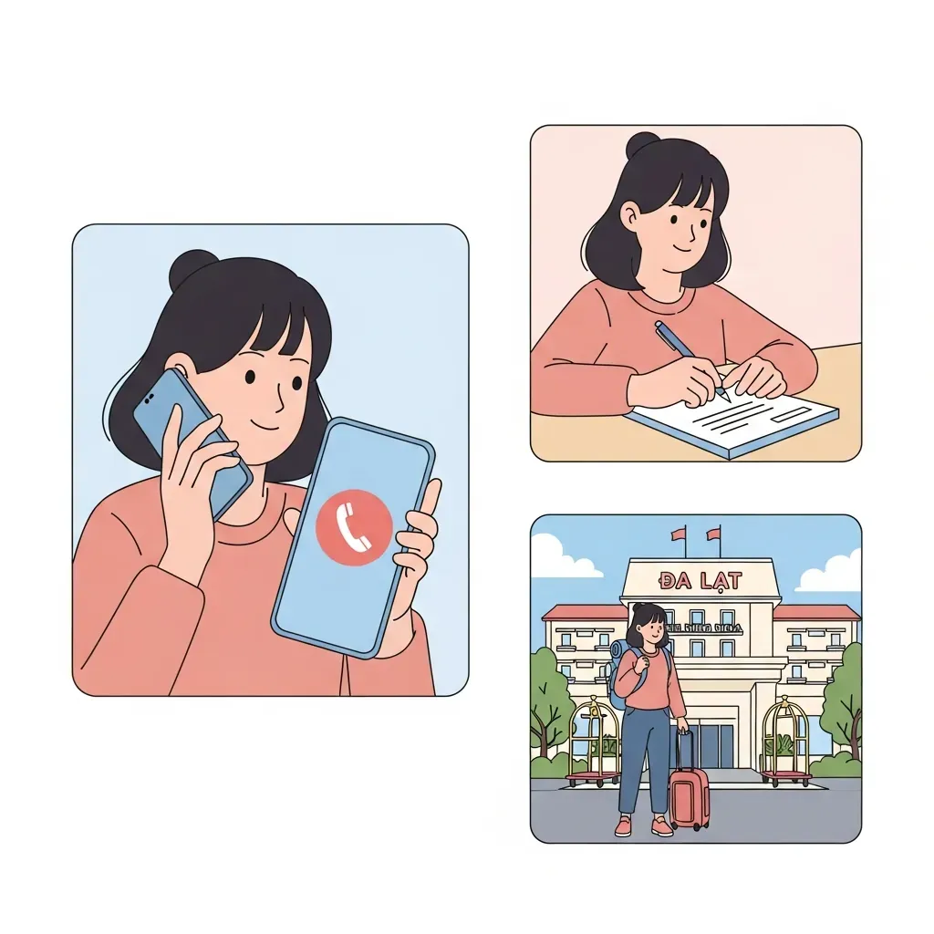 Minh họa quy trình ba bước: gọi điện, ghi chú, đến khách sạn.
